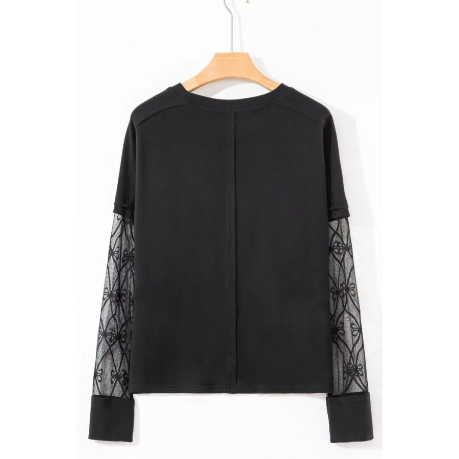 Round Neck Lace Sleeve Relaxed Fit Top Apparel and Accessories