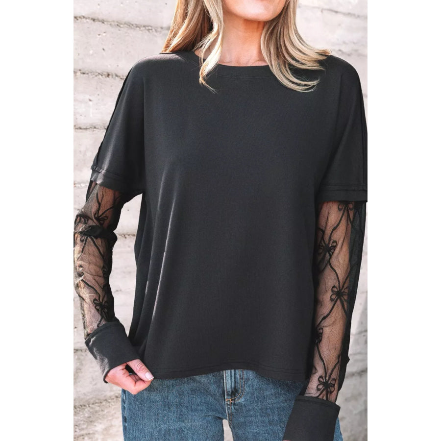 Round Neck Lace Sleeve Relaxed Fit Top Apparel and Accessories