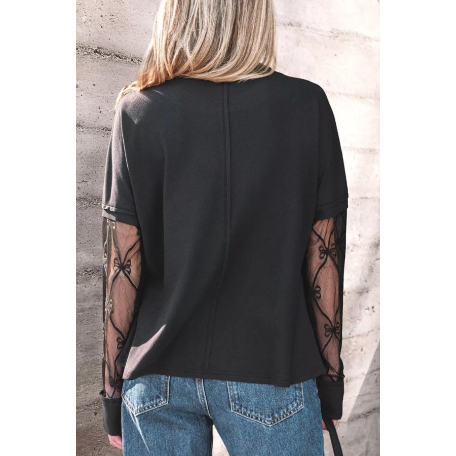 Round Neck Lace Sleeve Relaxed Fit Top Apparel and Accessories