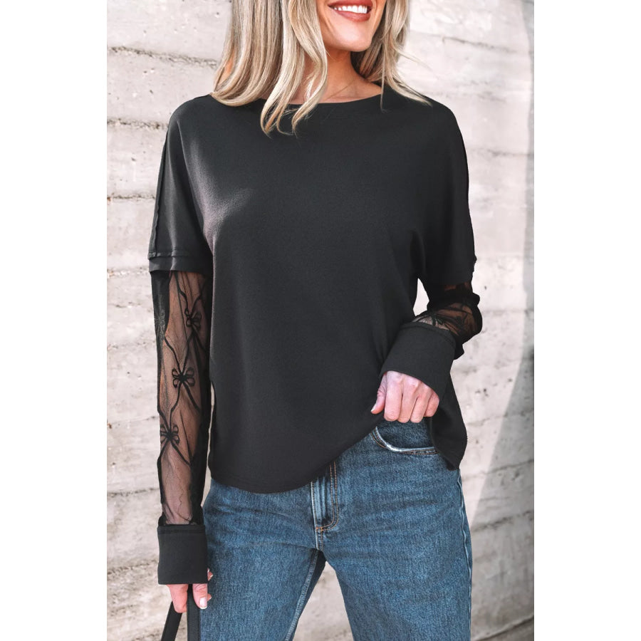 Round Neck Lace Sleeve Relaxed Fit Top Apparel and Accessories