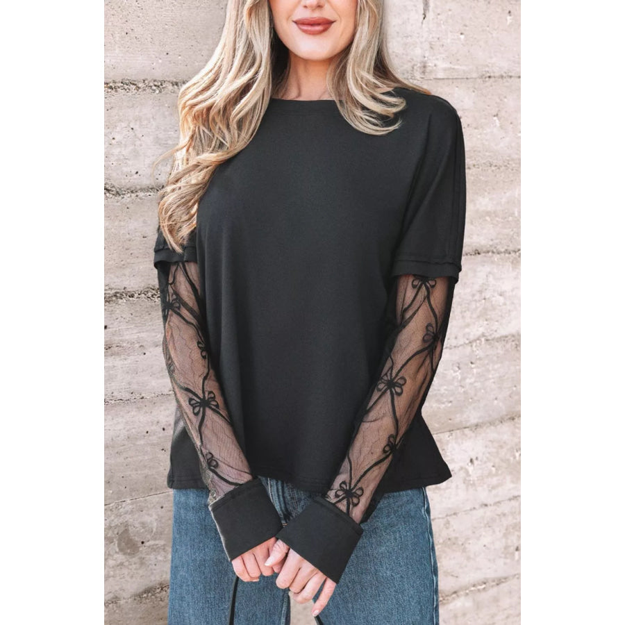 Round Neck Lace Sleeve Relaxed Fit Top Apparel and Accessories