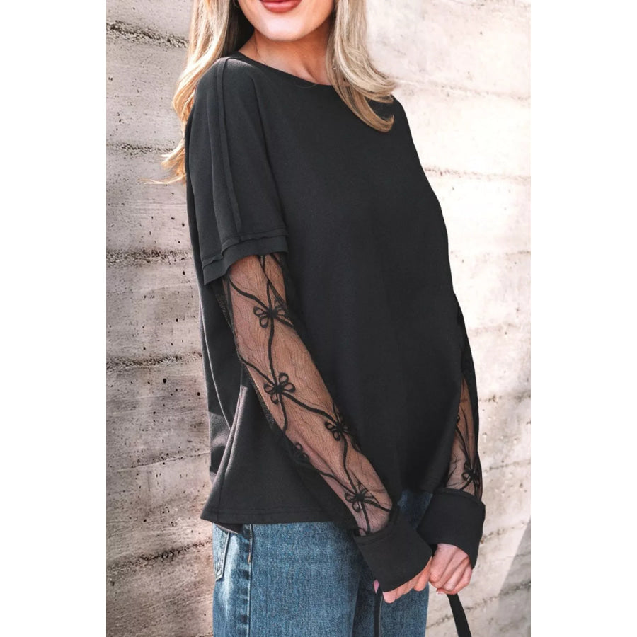 Round Neck Lace Sleeve Relaxed Fit Top Apparel and Accessories
