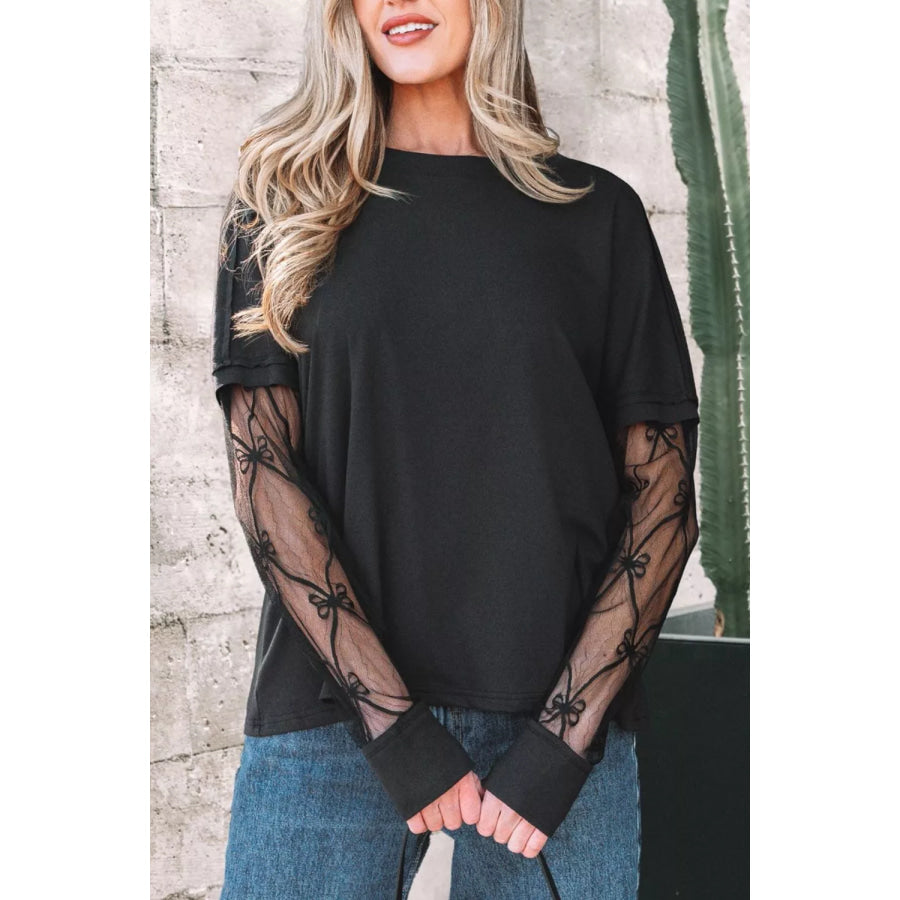 Round Neck Lace Sleeve Relaxed Fit Top Black / S Apparel and Accessories