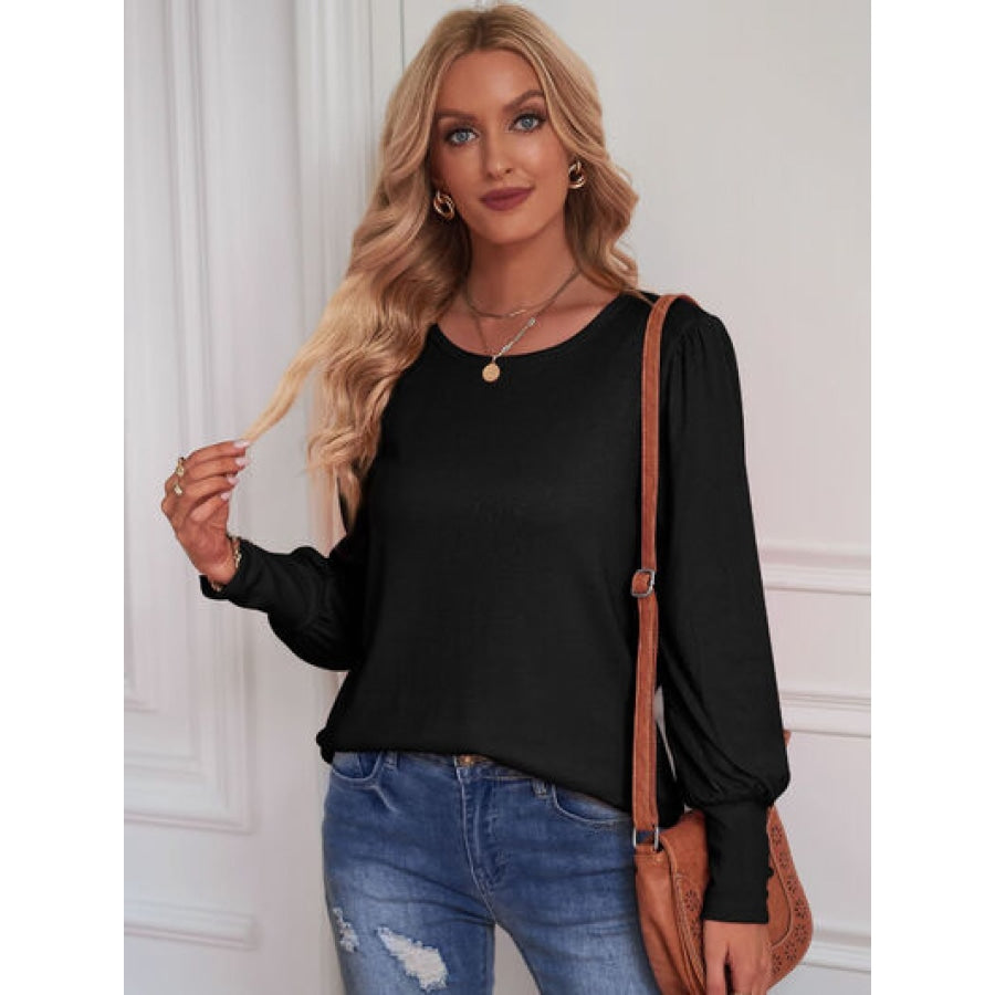 Round Neck Lantern Sleeve Blouse Black / S Clothing