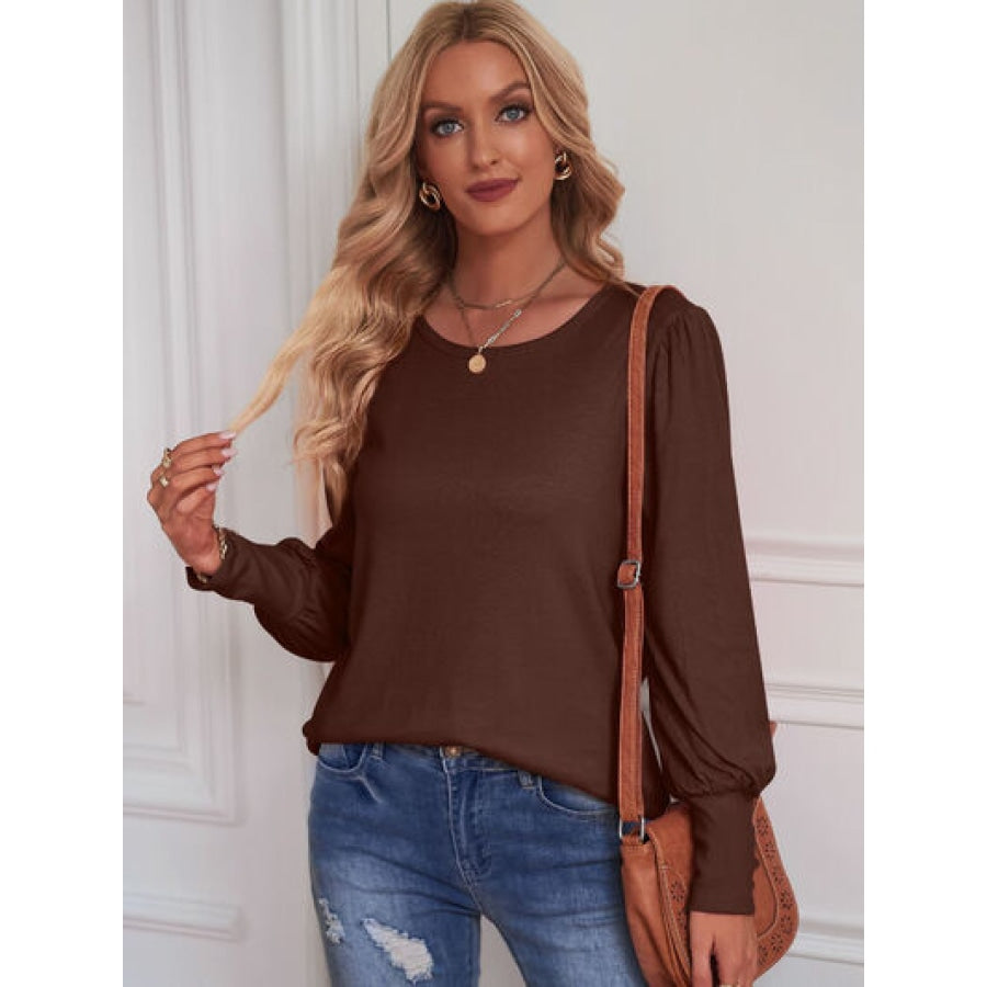 Round Neck Lantern Sleeve Blouse Chocolate / S Clothing