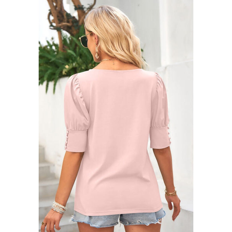 Round Neck Lantern Sleeve Blouse Clothing