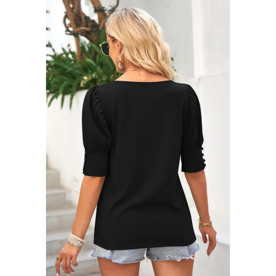 Round Neck Lantern Sleeve Blouse Clothing