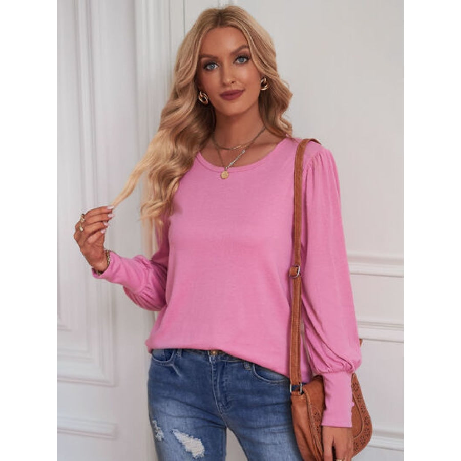 Round Neck Lantern Sleeve Blouse Clothing