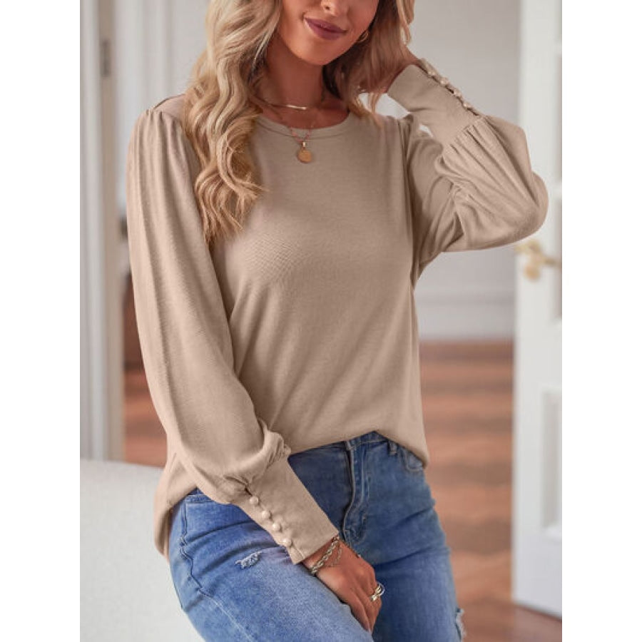 Round Neck Lantern Sleeve Blouse Clothing