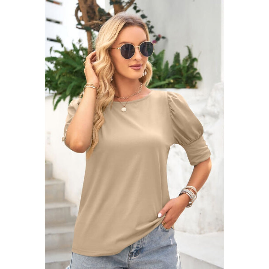 Round Neck Lantern Sleeve Blouse Clothing