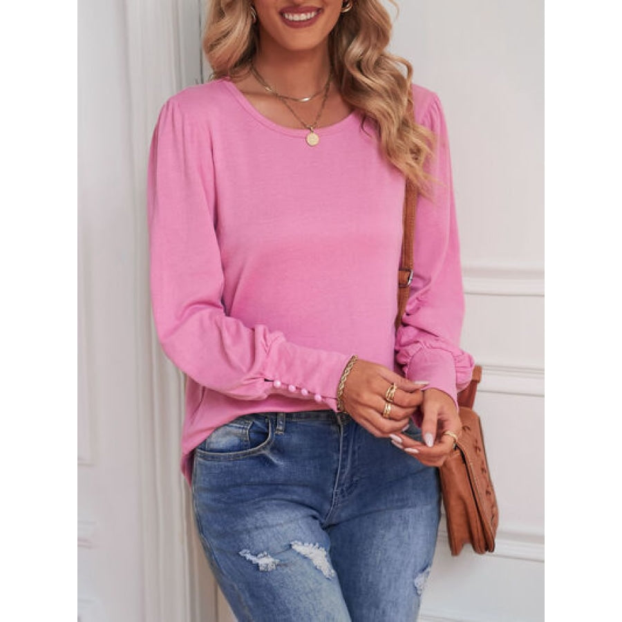 Round Neck Lantern Sleeve Blouse Clothing