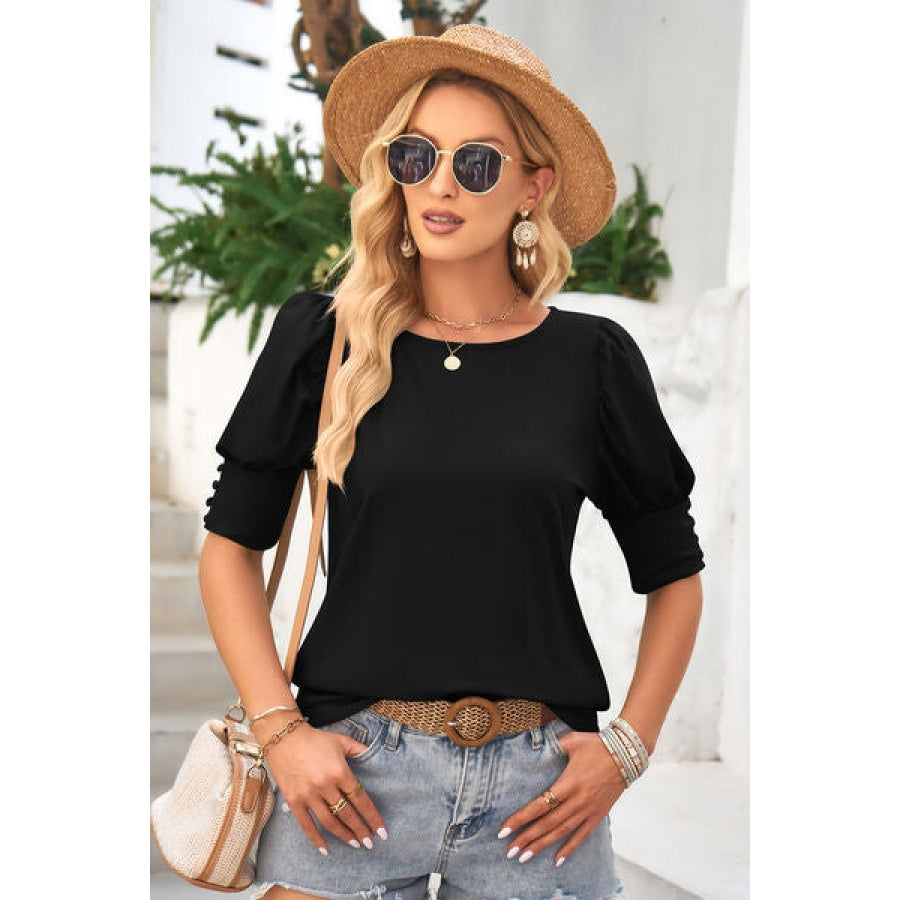 Round Neck Lantern Sleeve Blouse Clothing