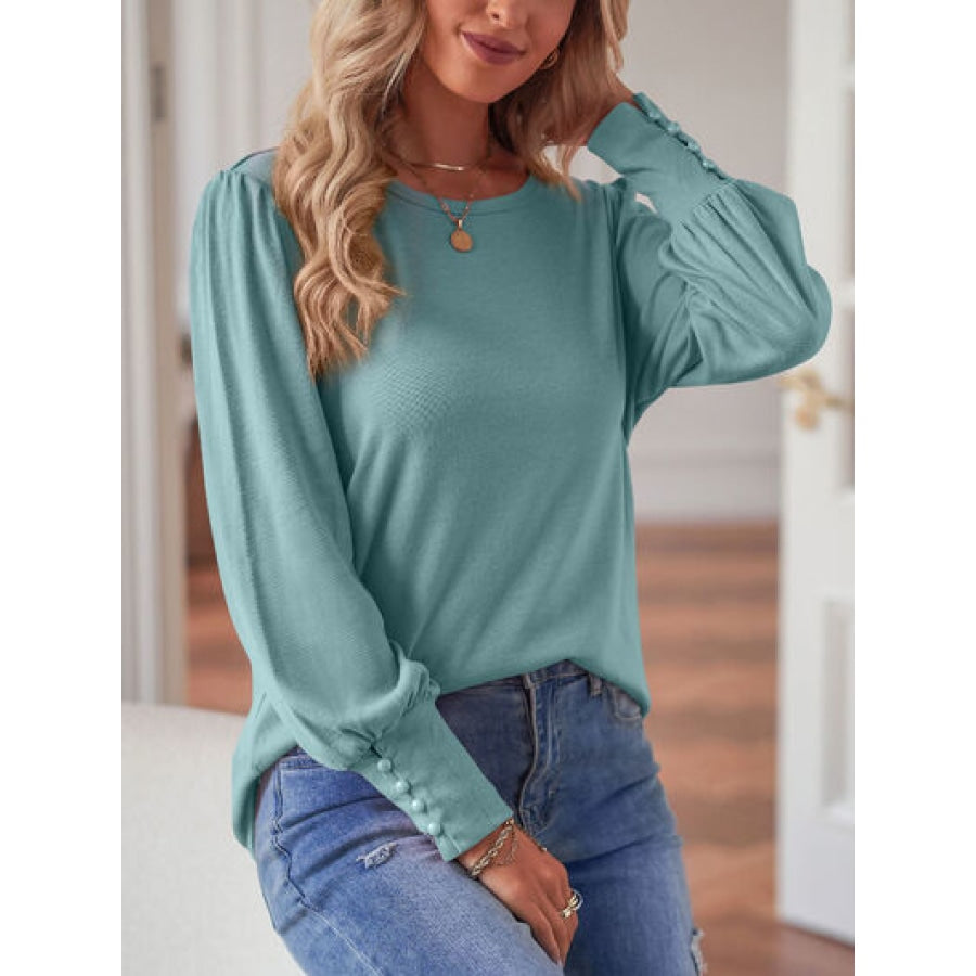 Round Neck Lantern Sleeve Blouse Clothing