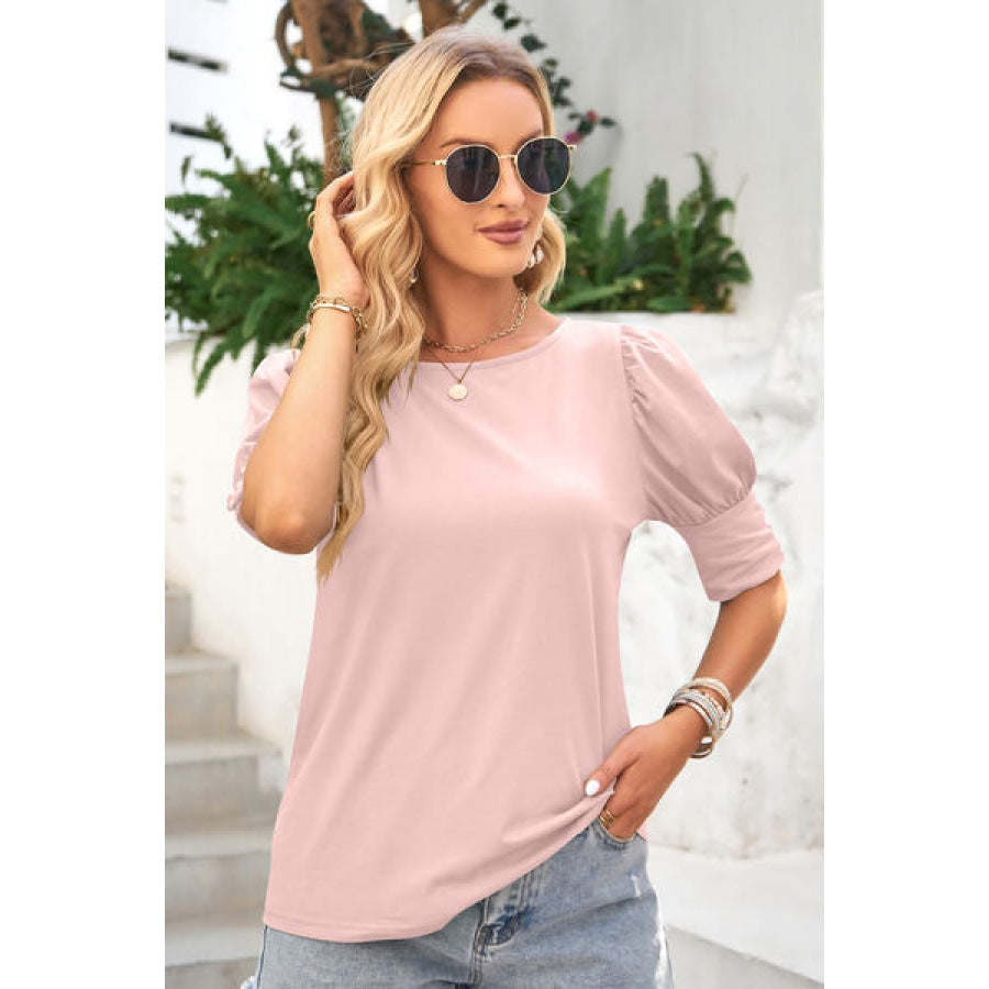 Round Neck Lantern Sleeve Blouse Clothing