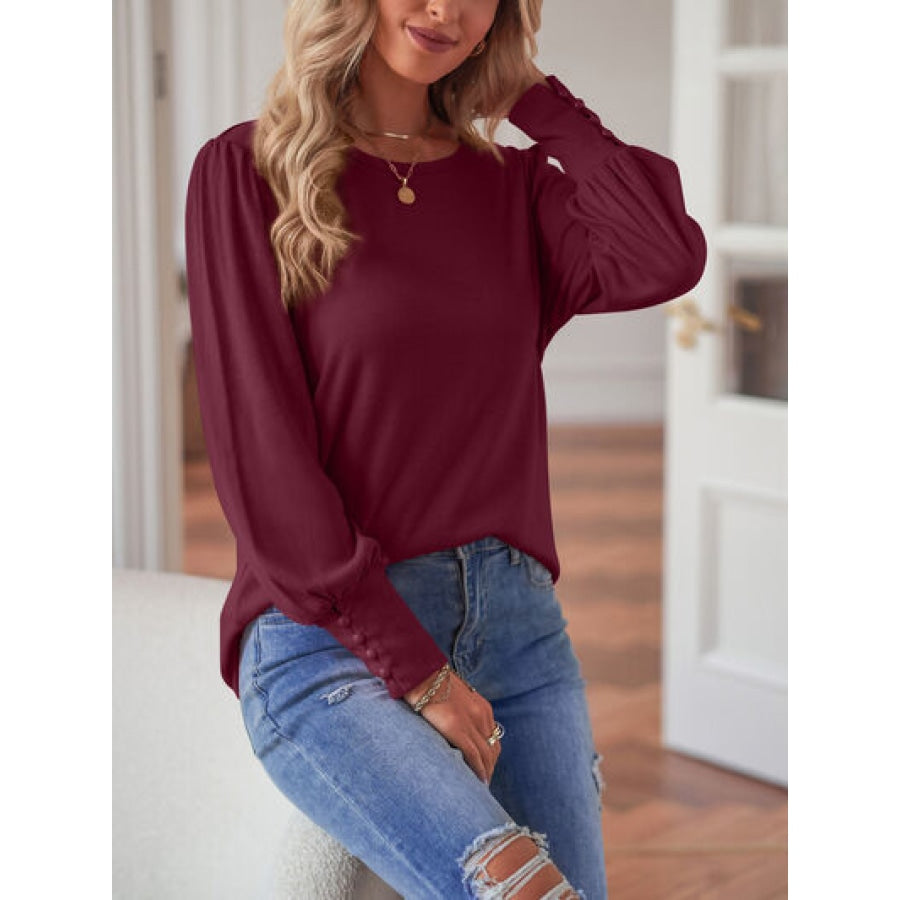 Round Neck Lantern Sleeve Blouse Clothing