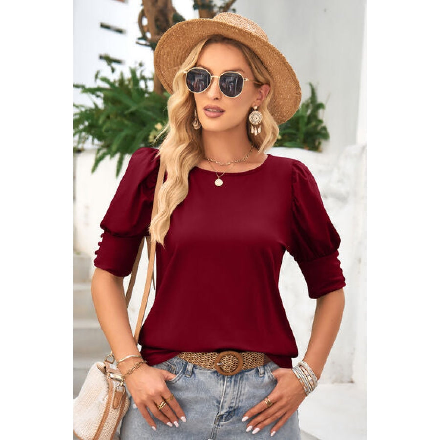 Round Neck Lantern Sleeve Blouse Clothing