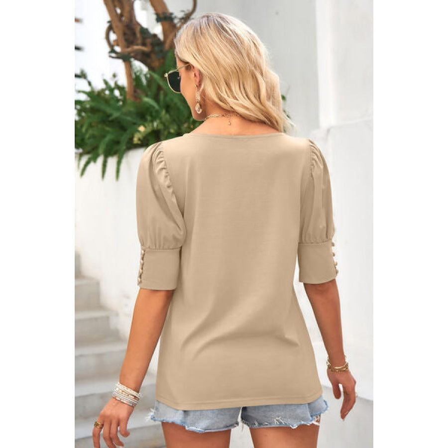 Round Neck Lantern Sleeve Blouse Clothing