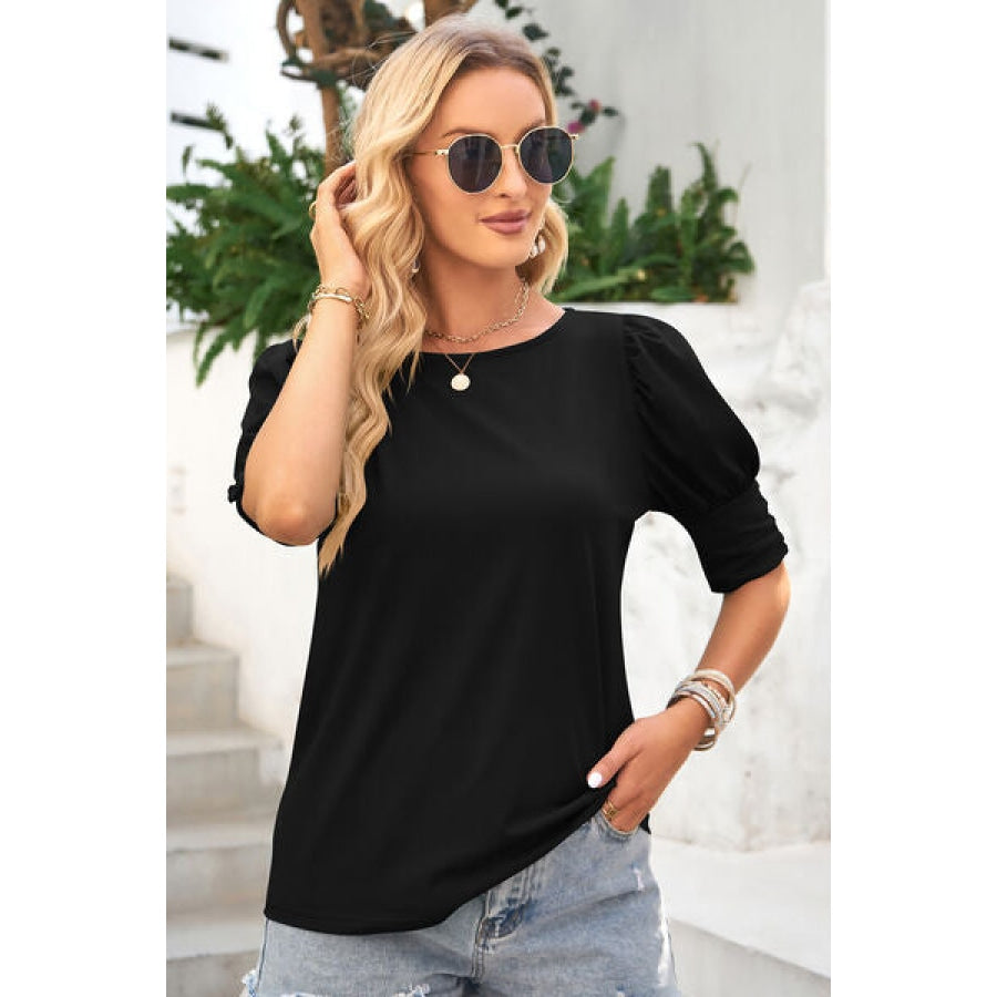 Round Neck Lantern Sleeve Blouse Clothing