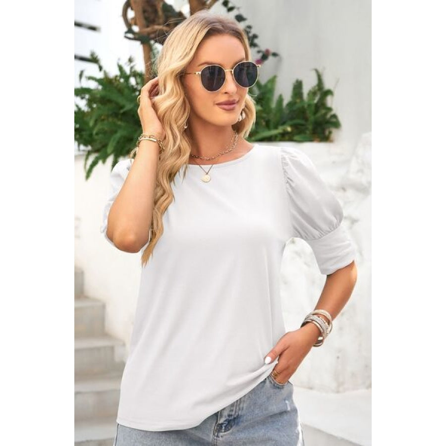 Round Neck Lantern Sleeve Blouse Clothing