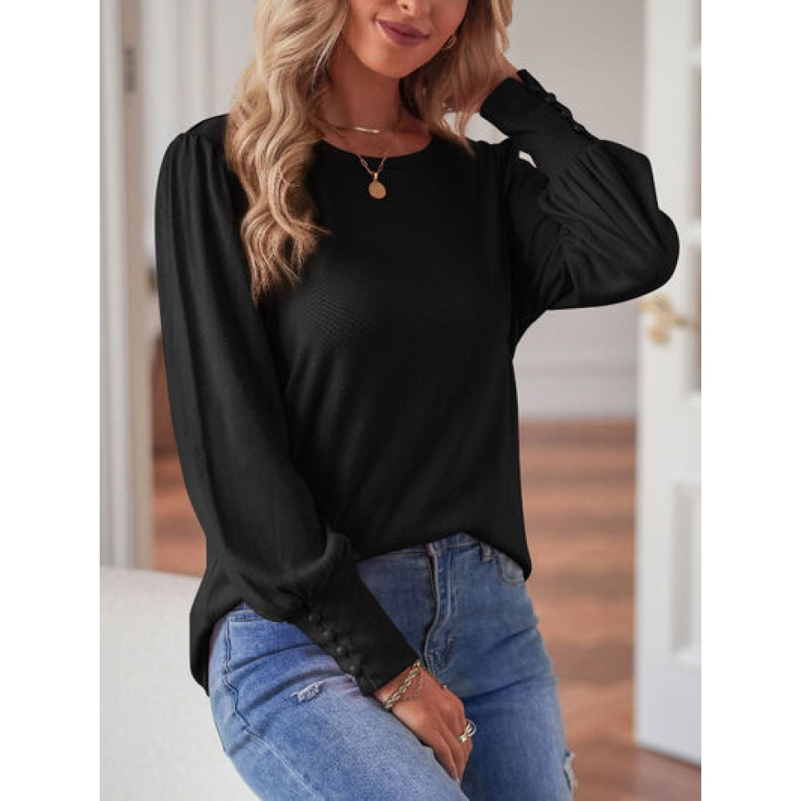 Round Neck Lantern Sleeve Blouse Clothing