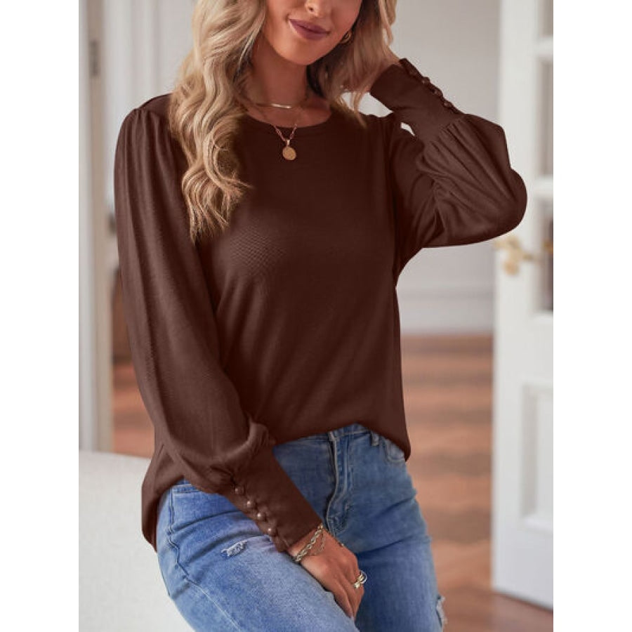 Round Neck Lantern Sleeve Blouse Chocolate / S Clothing