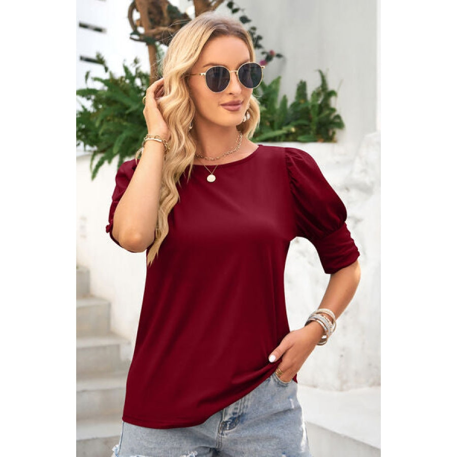 Round Neck Lantern Sleeve Blouse Clothing