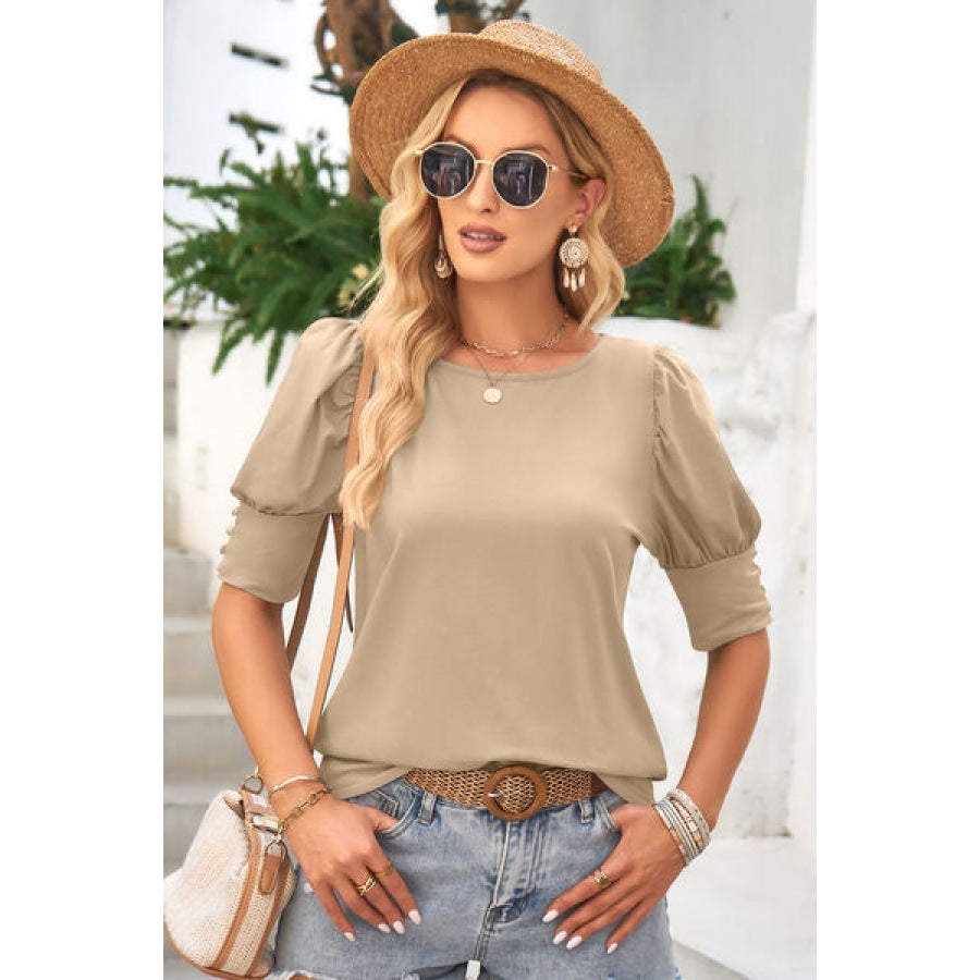 Round Neck Lantern Sleeve Blouse Clothing