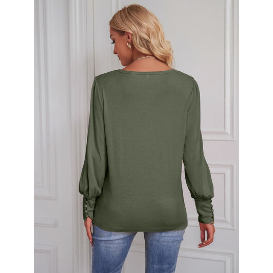 Round Neck Lantern Sleeve Blouse Clothing