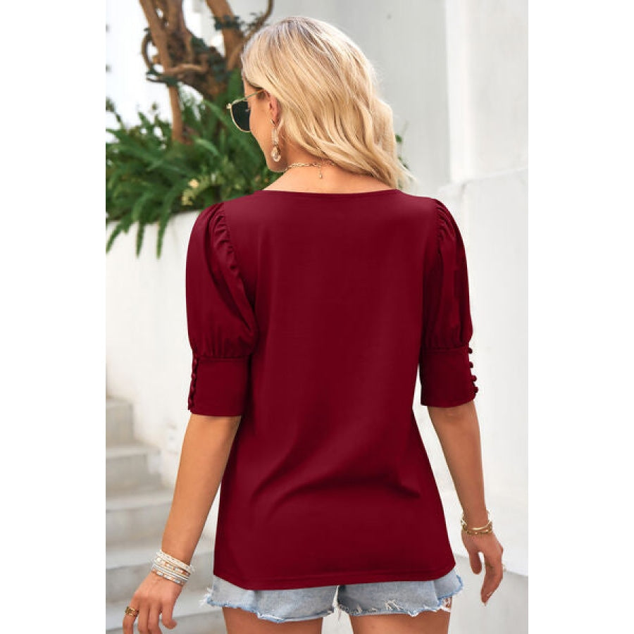 Round Neck Lantern Sleeve Blouse Clothing