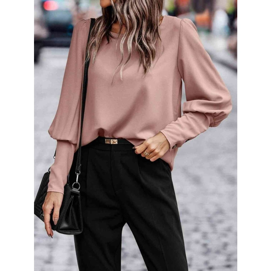 Round Neck Lantern Sleeve Blouse Dusty Pink / S