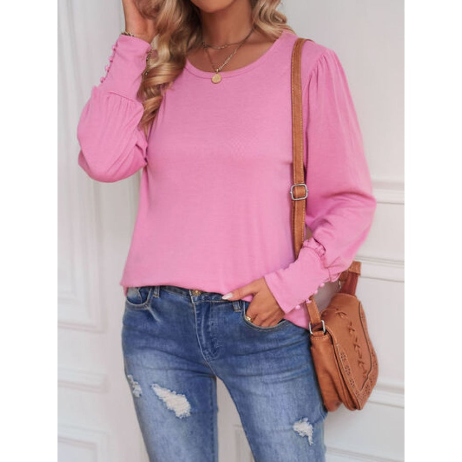 Round Neck Lantern Sleeve Blouse Fuchsia Pink / S Clothing