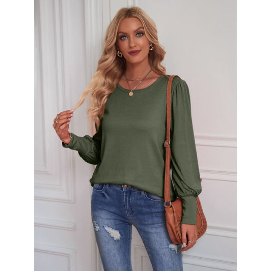 Round Neck Lantern Sleeve Blouse Moss / S Clothing