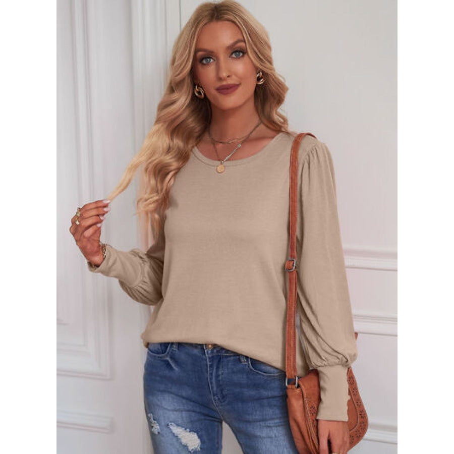 Round Neck Lantern Sleeve Blouse Tan / S Clothing