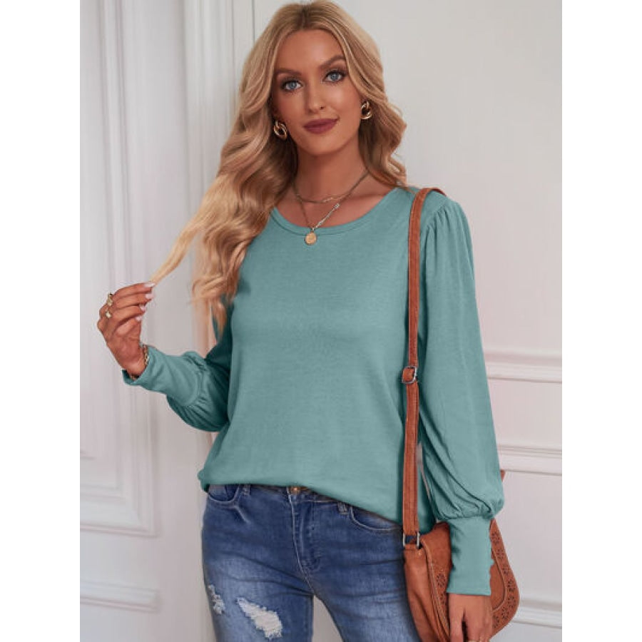 Round Neck Lantern Sleeve Blouse Teal / S Clothing