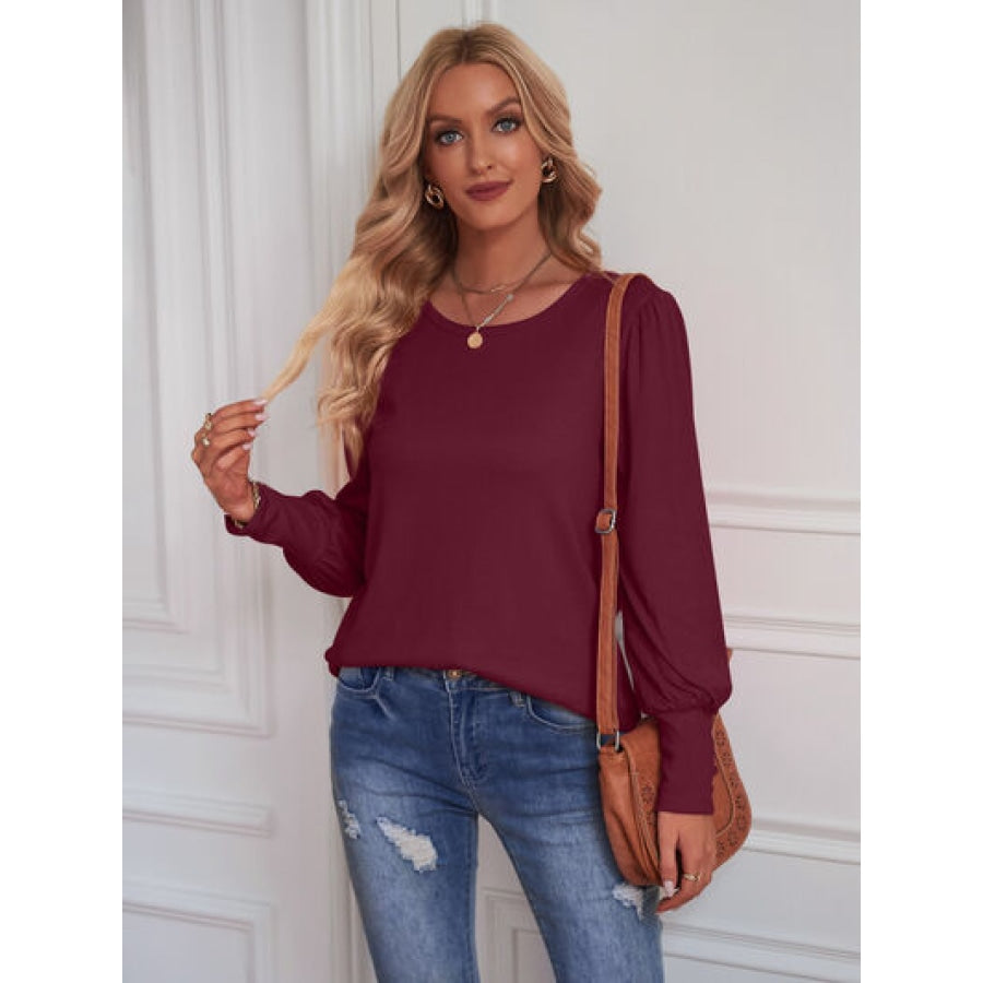 Round Neck Lantern Sleeve Blouse Wine / S Clothing