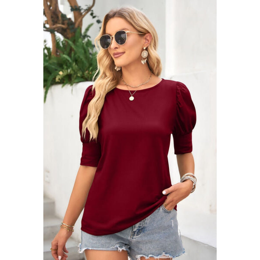 Round Neck Lantern Sleeve Blouse Wine / S Clothing