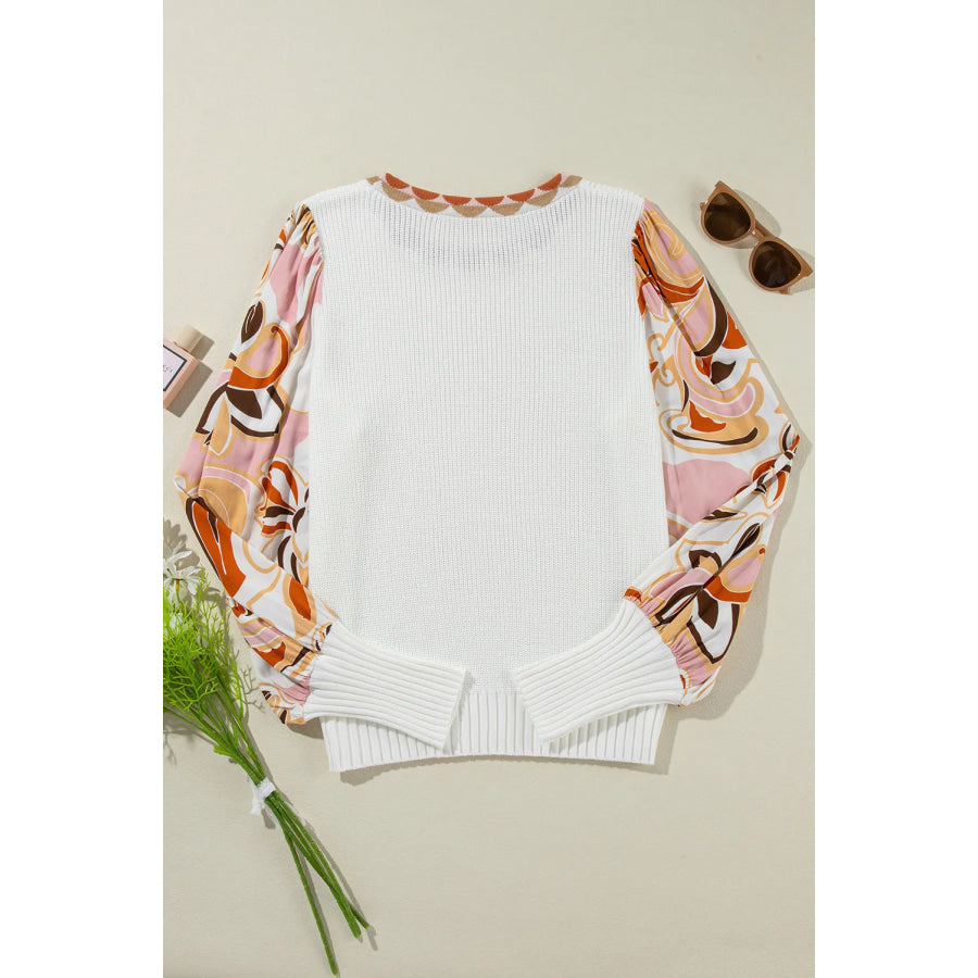 Round Neck Lantern Sleeve Knit Top White / S Apparel and Accessories