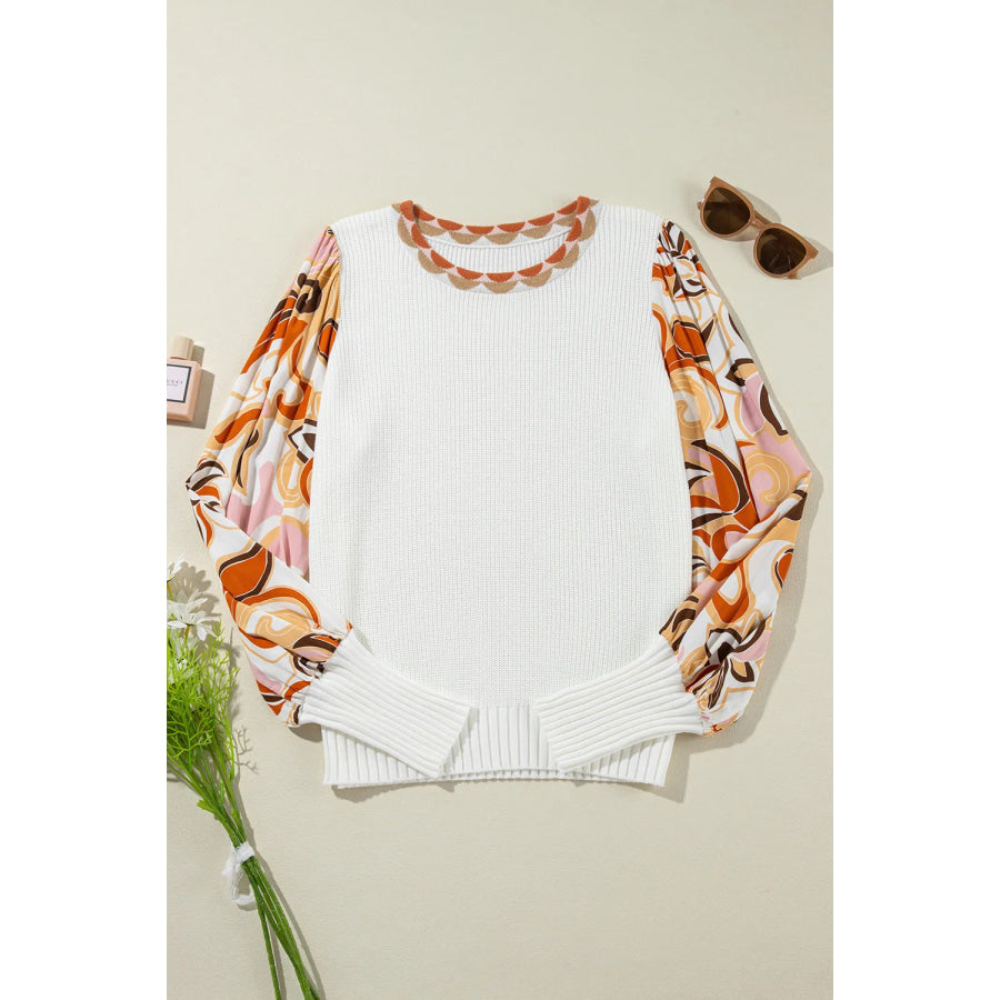 Round Neck Lantern Sleeve Knit Top White / S Apparel and Accessories