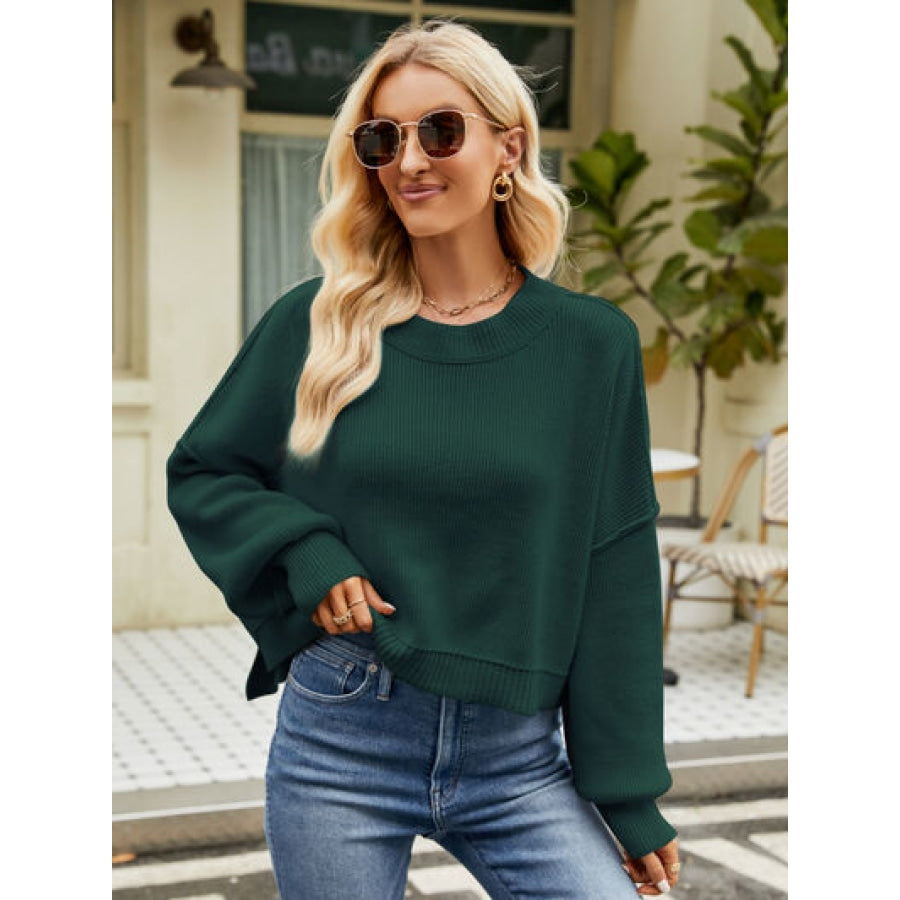 Round Neck Lantern Sleeve Sweater Army Green / XS Clothing