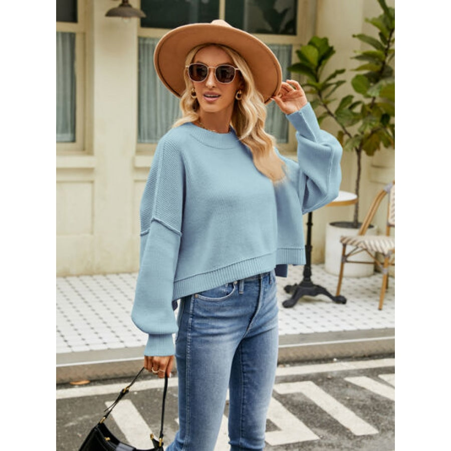 Round Neck Lantern Sleeve Sweater Clothing