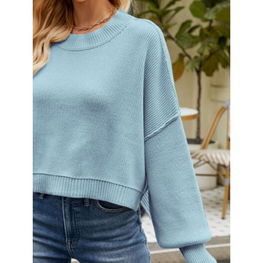 Round Neck Lantern Sleeve Sweater Clothing