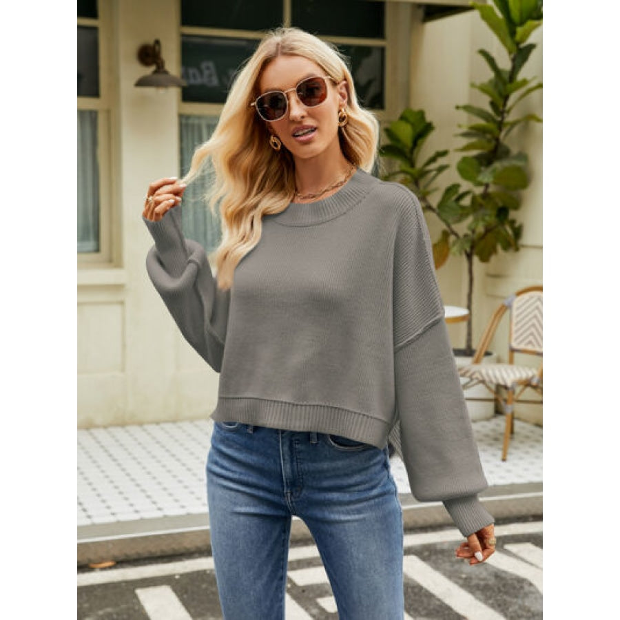 Round Neck Lantern Sleeve Sweater Clothing