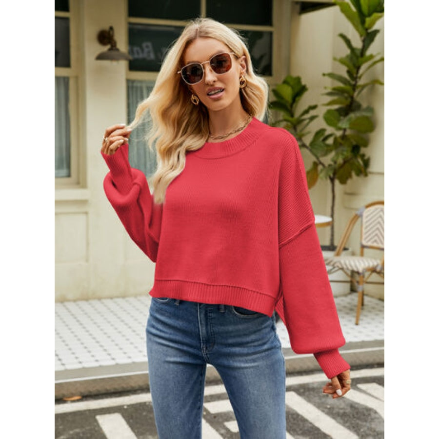 Round Neck Lantern Sleeve Sweater Clothing