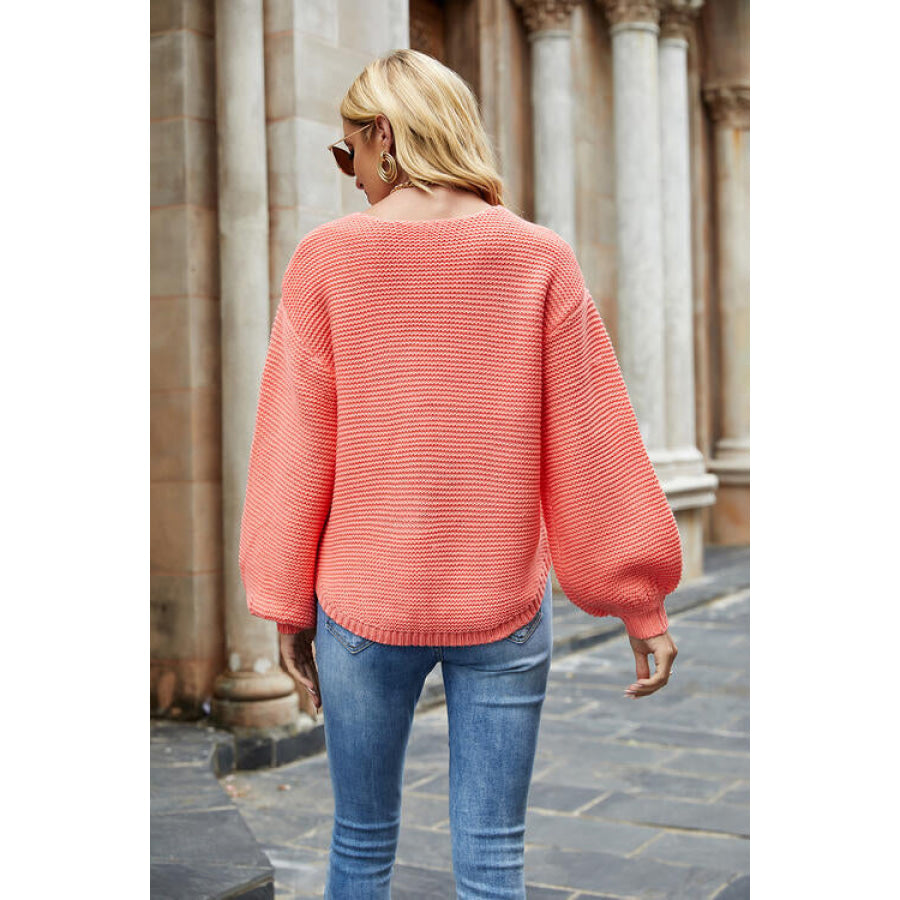 Round Neck Lantern Sleeve Sweater Strawberry / S Clothing