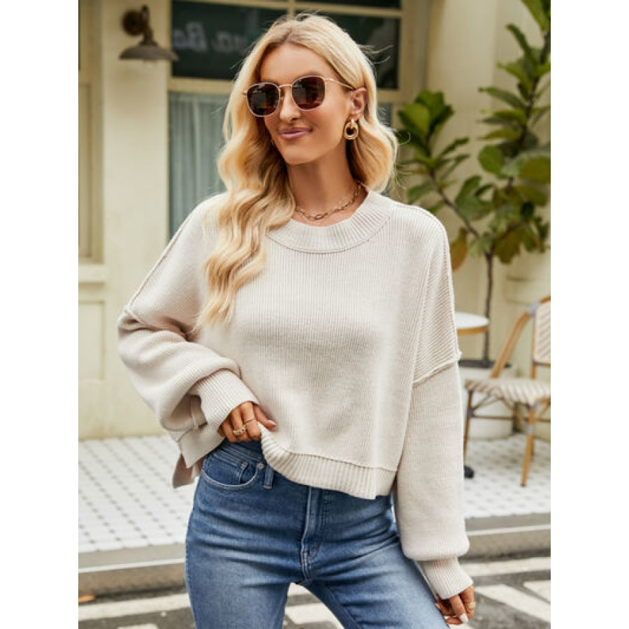 Round Neck Lantern Sleeve Sweater Clothing