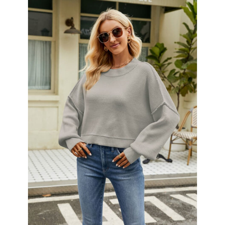 Round Neck Lantern Sleeve Sweater Clothing