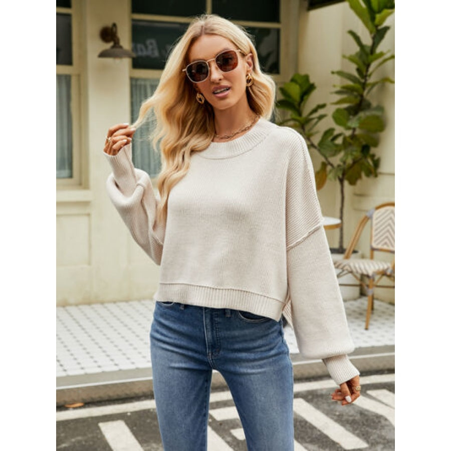 Round Neck Lantern Sleeve Sweater Clothing