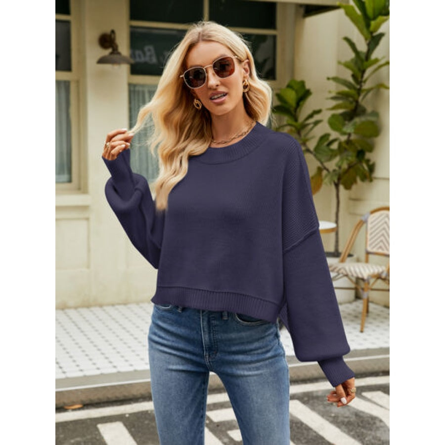 Round Neck Lantern Sleeve Sweater Clothing