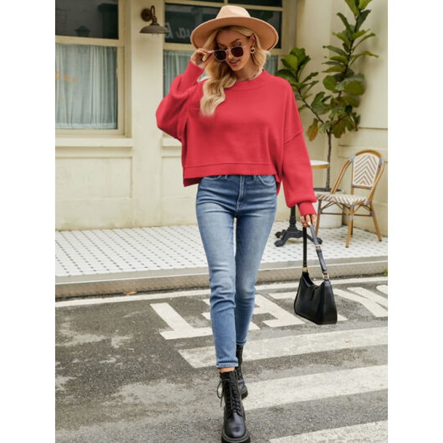 Round Neck Lantern Sleeve Sweater Clothing