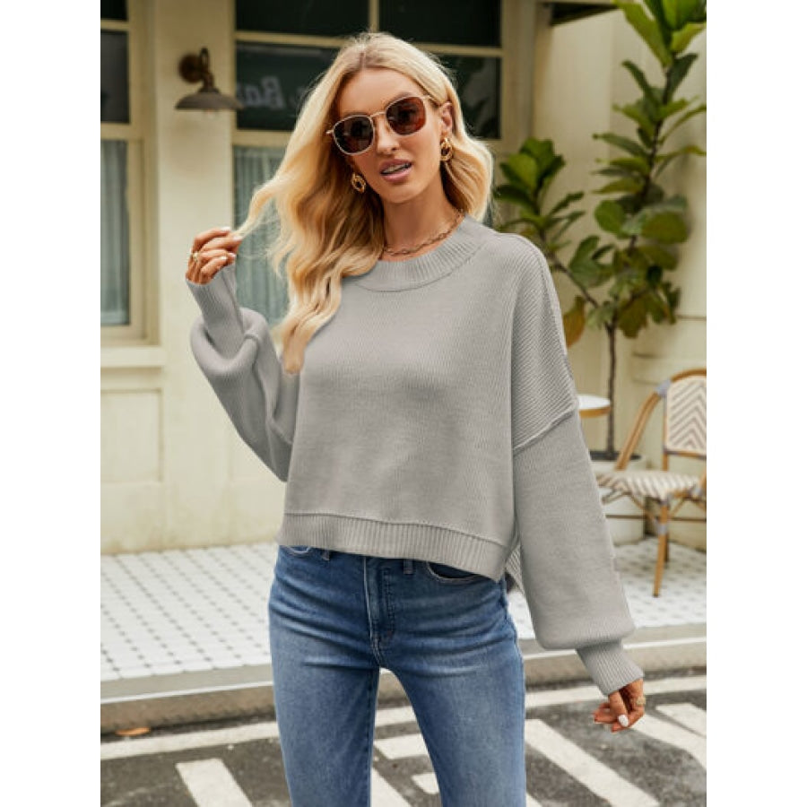 Round Neck Lantern Sleeve Sweater Heather Gray / XS Clothing